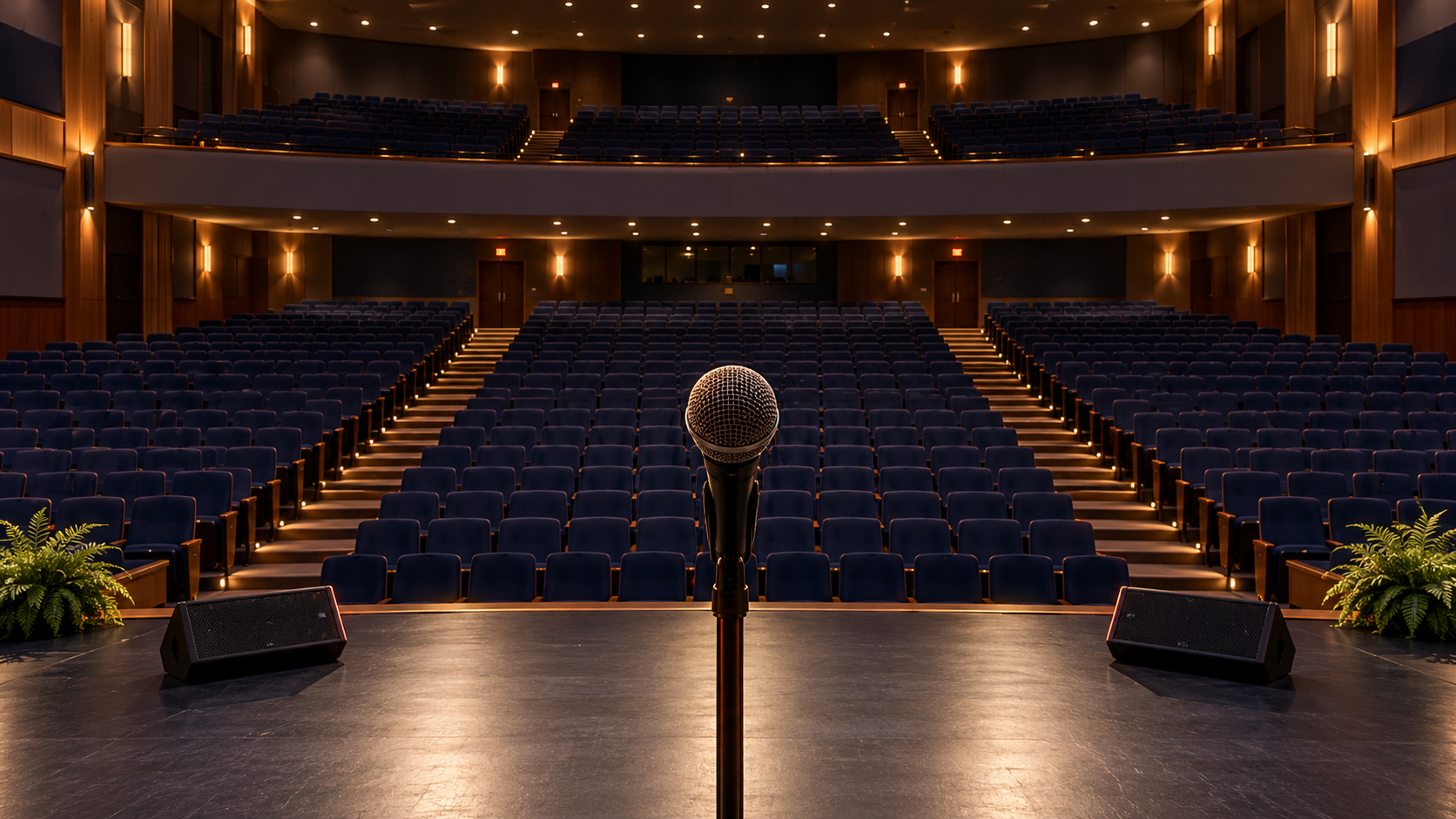 Empty auditorium viewed from behind a microphone on stage